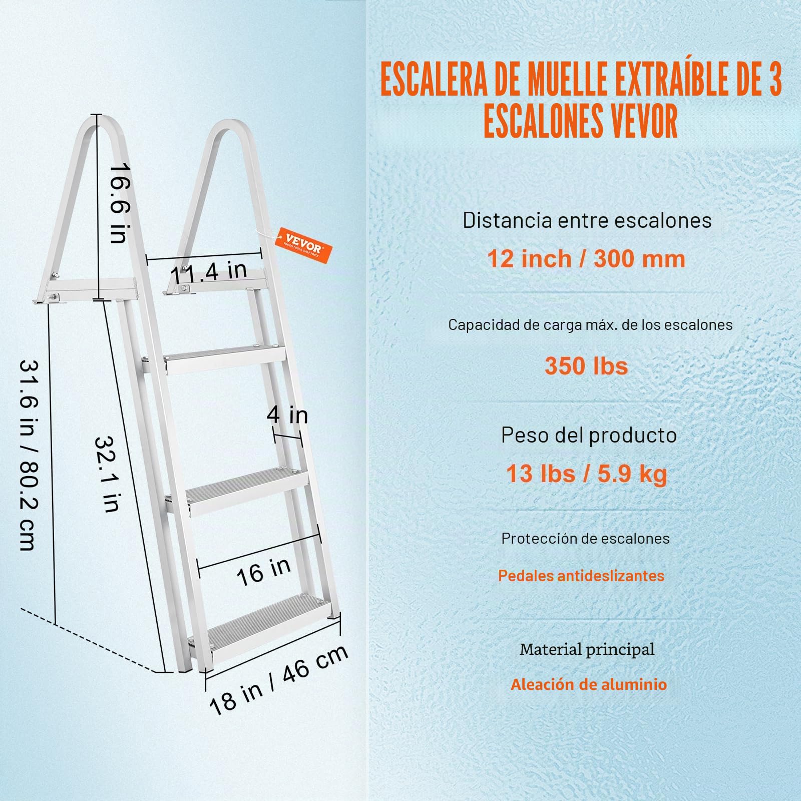 VEVOR Escalera de Muelle, 3 Escalones Extraíbles, Escalera de Pontón de Aleación de Aluminio con Escalón Pedales Antideslizantes Fácil de Instalar para Barco, Lago, Piscina, Embarque Marino