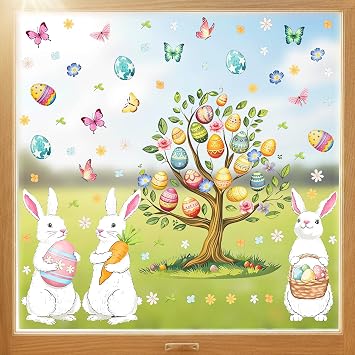 136 Pcs Easter Window Clings for Glass Windows - Double-Sided Bunny and Eggs Static Stickers