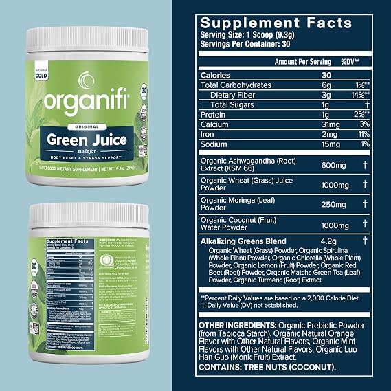 Organifi Green Juice - Powder Supplement with Organic Spirulina, Ashwagandha, and Chlorella - Helps Achieve Fitness Goals and Reduce Cortisol Levels, 30-Day Supply