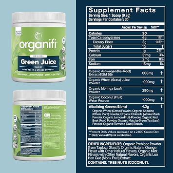 Organifi Green Juice - Powder Supplement with Organic Spirulina, Ashwagandha, and Chlorella - Helps Achieve Fitness Goals and Reduce Cortisol Levels, 30-Day Supply