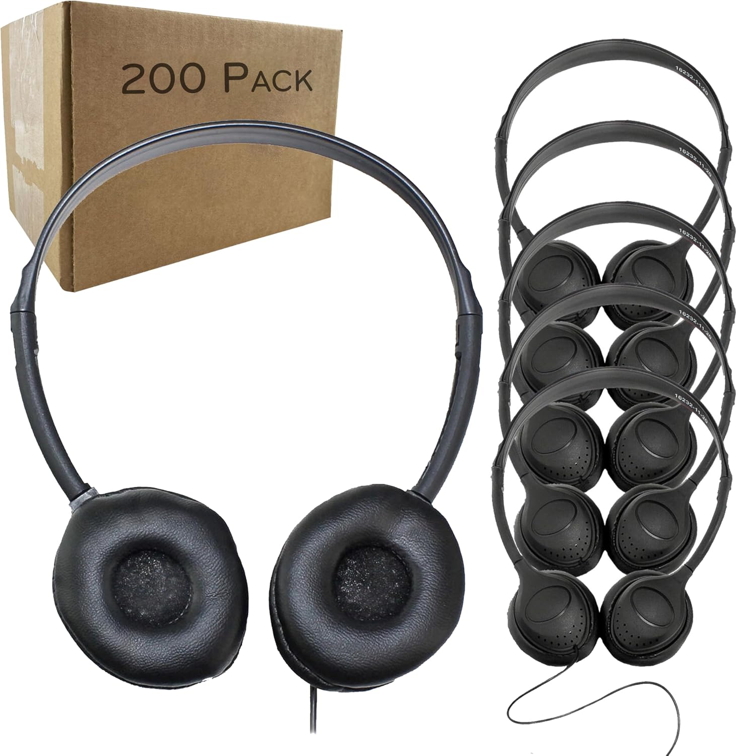 Soundnetic SN313 Bulk Classroom Headphones 100 Pack – Over The Head Stereo Headphones with Leatherette Earpads, Black – Ideal for Schools