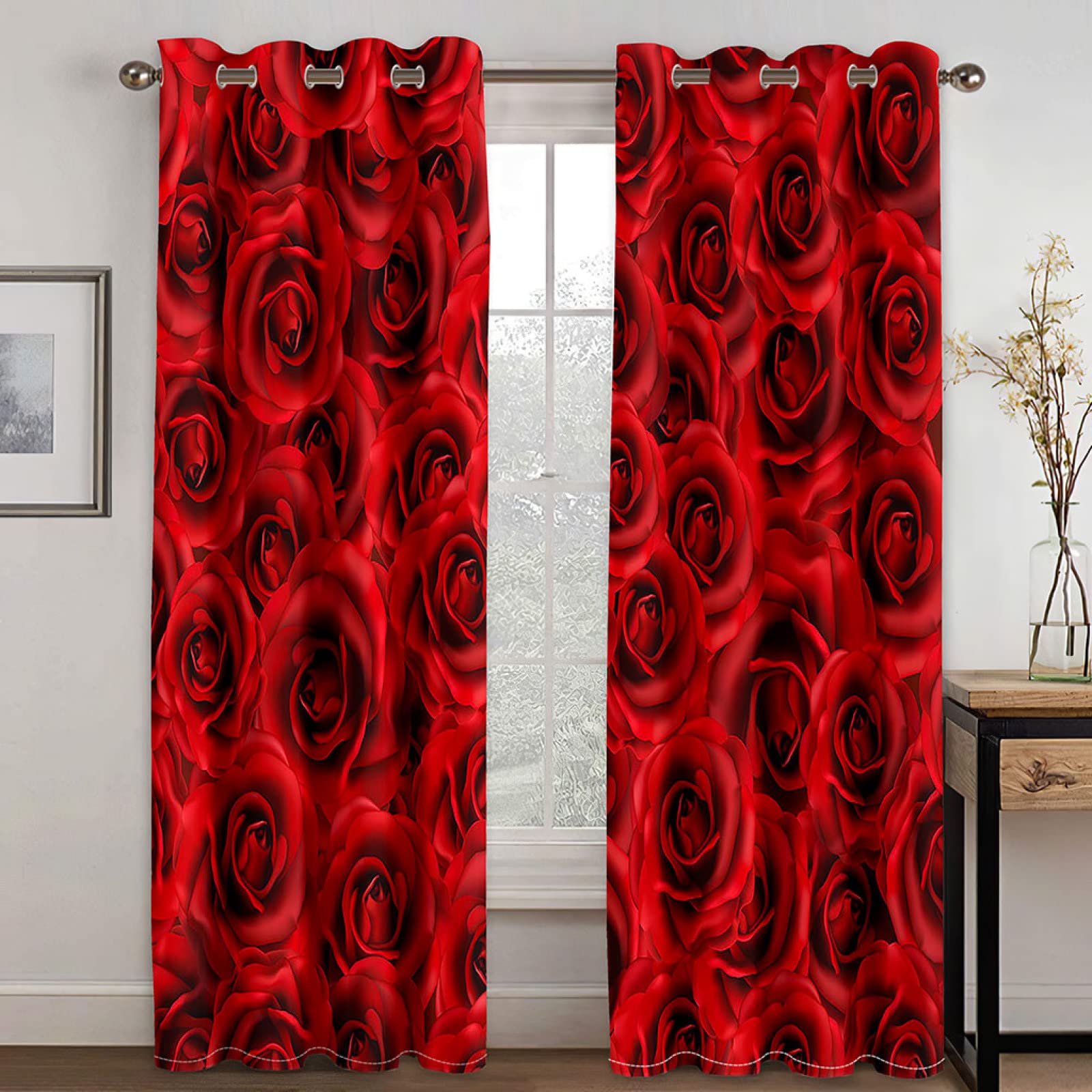 Cortinas Opacas 2 Piezas Salon - Patrón De Flor Rosa Roja De Impresión Cortinas Habitacion Juvenil 234X232cm Cortinas Aislantes Termicas con Argollas Decoración De La Ventana