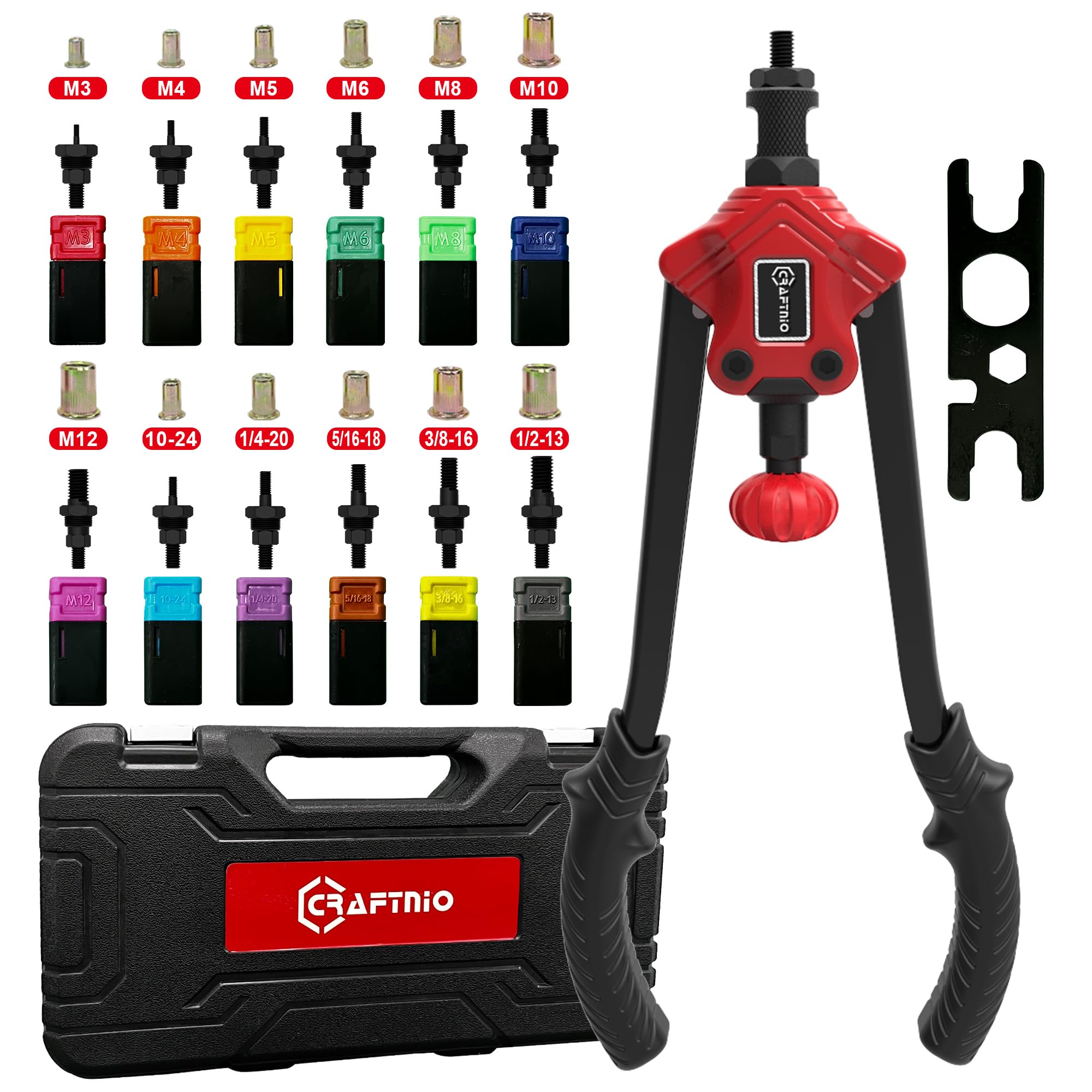 CRAFTNIO Rivet Nut Tool Kit,14-Inch Rivnut Tool Kit with 12 Metric and SAE Mandrels, 180Pcs Rivet nut Assortment Kit, Designed for Labour Saving