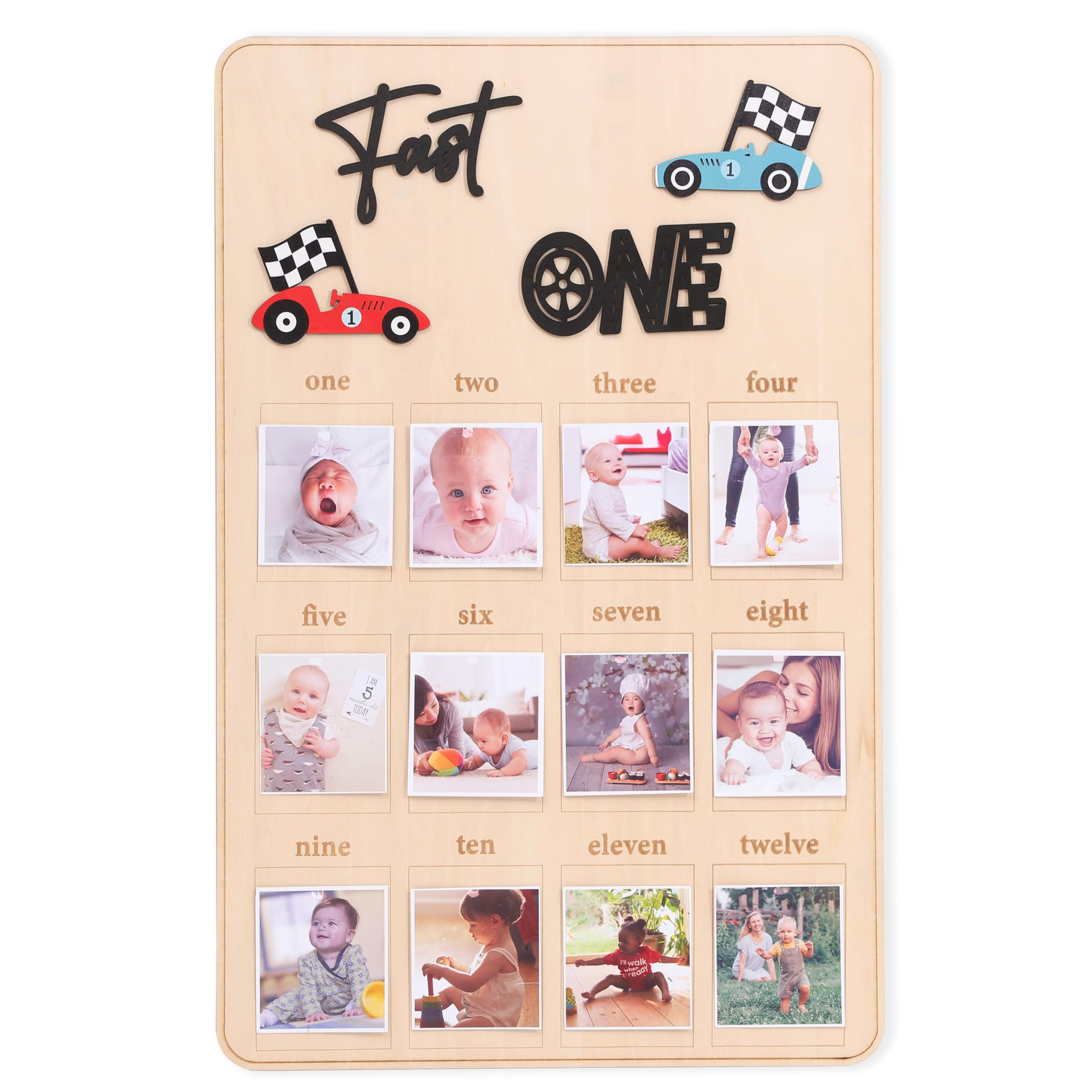 My First Year Photo Board - Fast One Birthday Decor,Racing 1st Birthday 12 Monthly Milestone,Race Car First Year Photo Props (Fast one)
