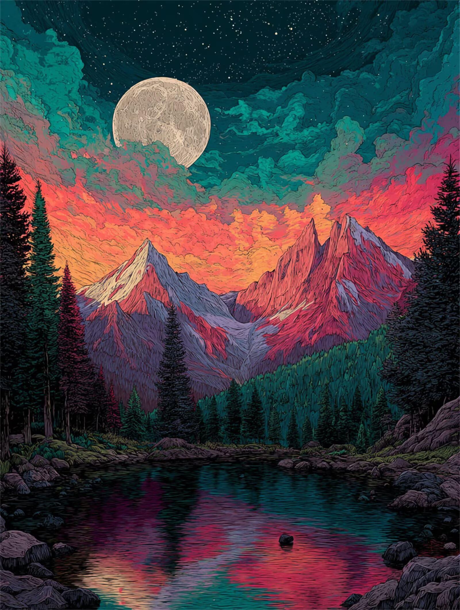 Dipingere con i Numeri Adulti Luna, montagna Dipingere con i Numeri Bambini DIY Kit, Set Premium con Pennelli, Decorazione Casa & Creativo Regalo di Compleanno, Attività di Tempo libero 70x95cm z-478