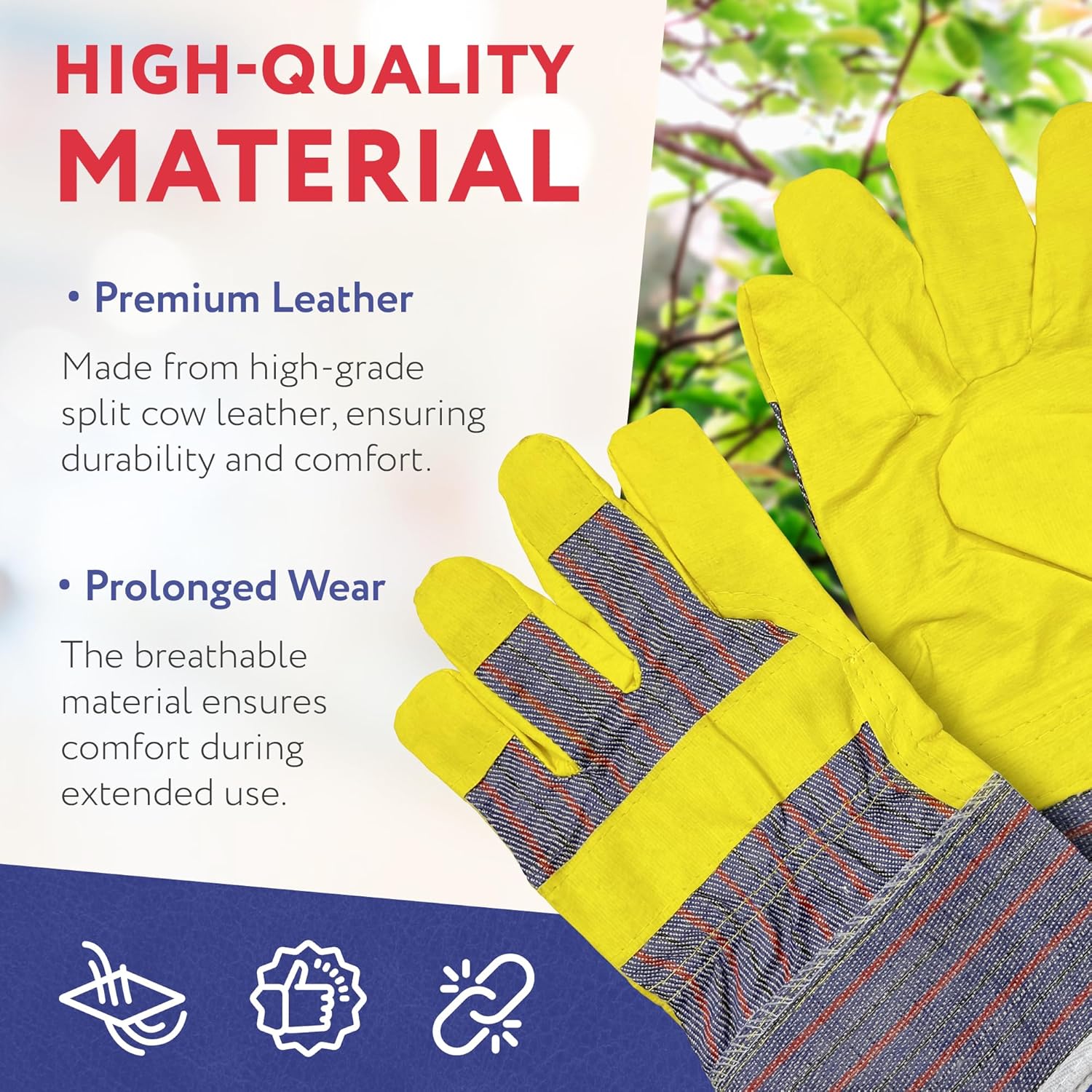Yellow Suede Leather Work Gloves for Men & Women. 12 Pack of Standard Wing Thumb Gloves with Safety Cuff & Striped Cotton Canvas Back. Lightweight Waterproof Gloves for Work in Cold Weather - Image 3