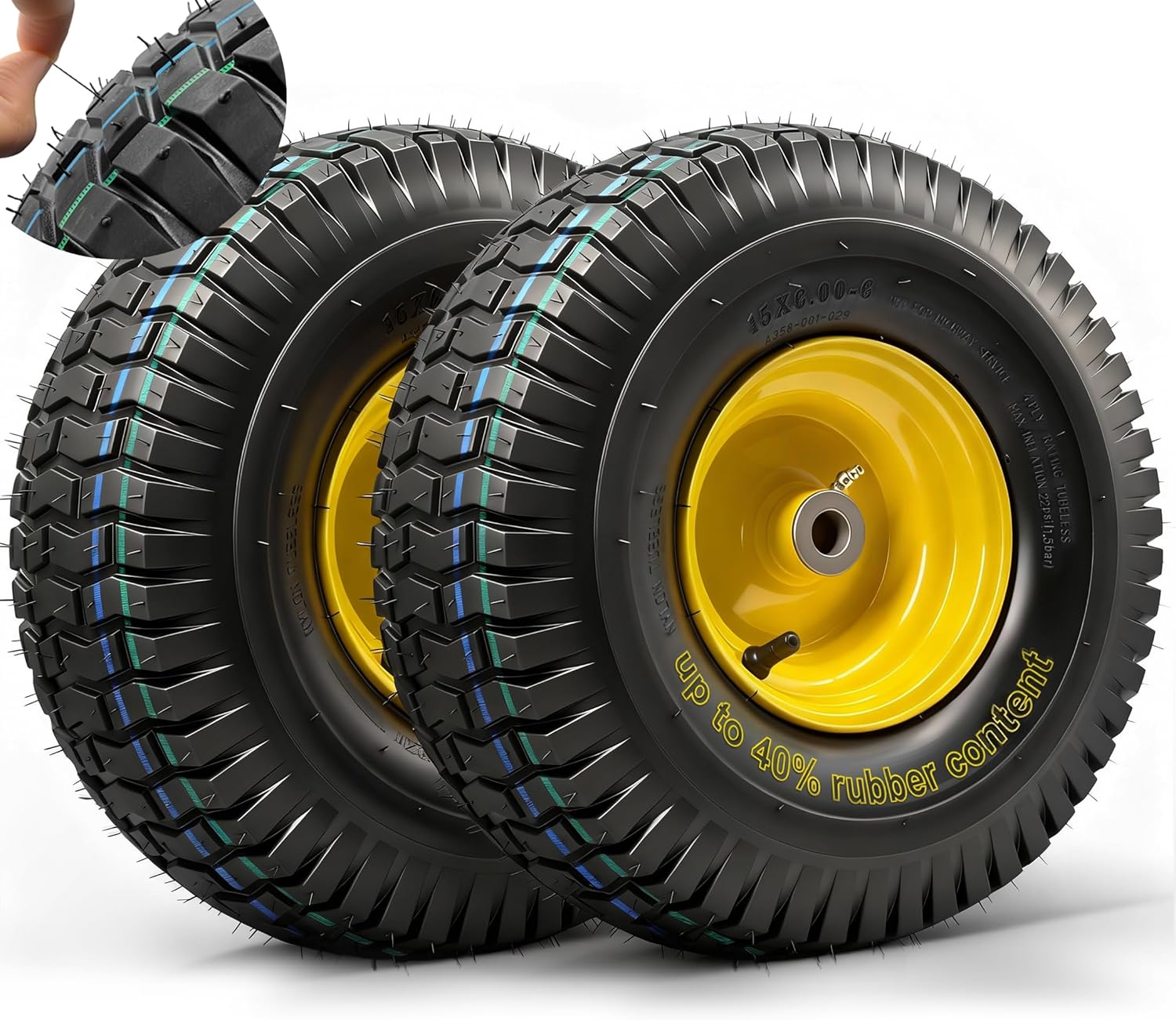 15x6.00-6 Lawn Mower Tire and wheel,15x6-6 Tubeless Riding Mowers Lawn Tire with 3" Offset Hub, 3/4" Bearing,Replacement for Craftsman,Troy - Bilt,John Deere,Cub Cadet Riding Mowers, 2PCS