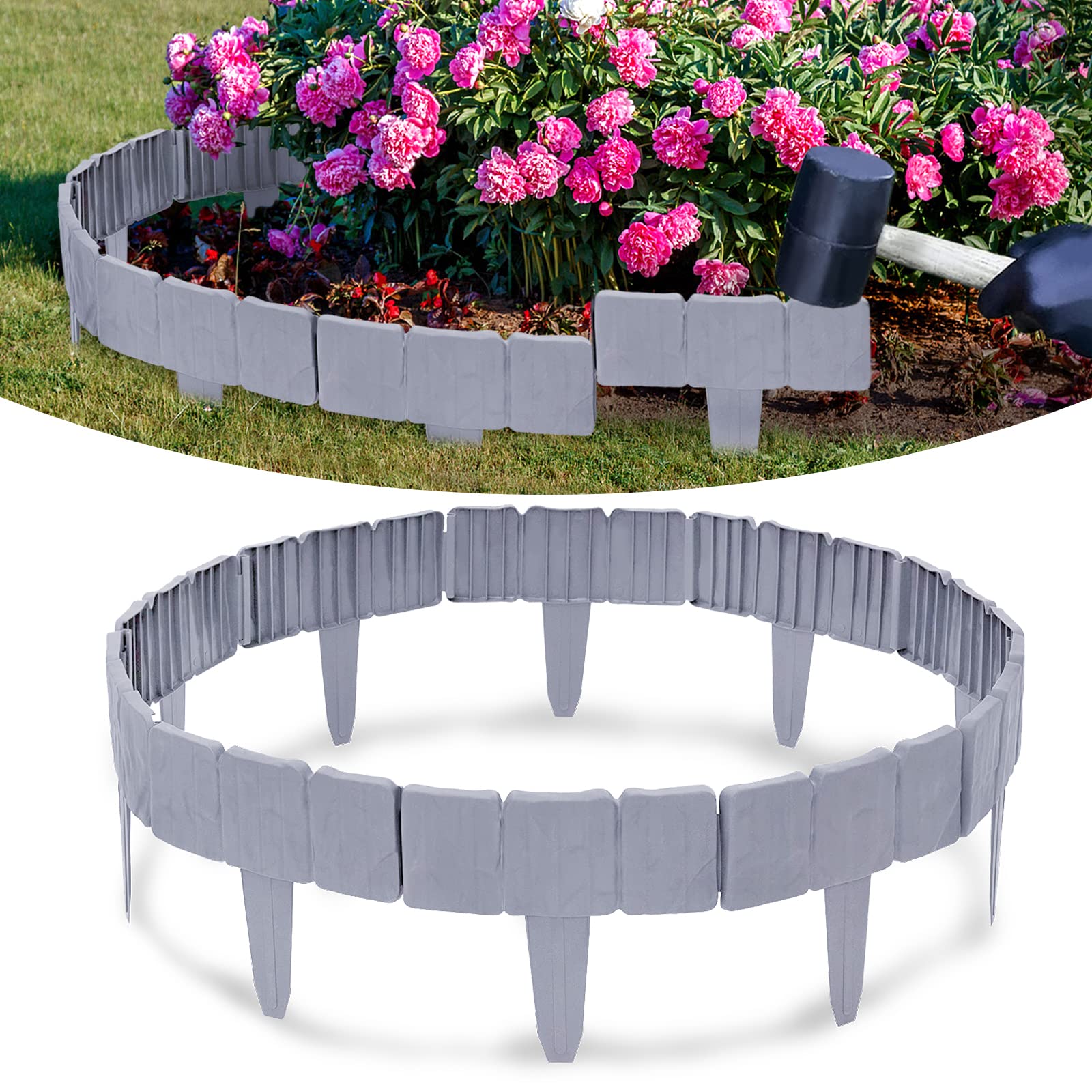 ACXIN Bordo per aiuole in plastica, effetto pietra, 15 m, bordo per aiuole, 1 elemento (lunghezza x altezza): 25 cm x 23 cm, grigio