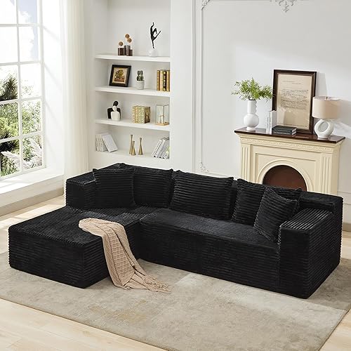 Boneless Couch, 106" Left Corduroy Cloud Couch Sectional，Vacuum Compressed Couch, L-Shaped Modular Sectional Couch with Chaise Lounge, Boneless Couch for Living Room, Comfy Compact Sofa Set