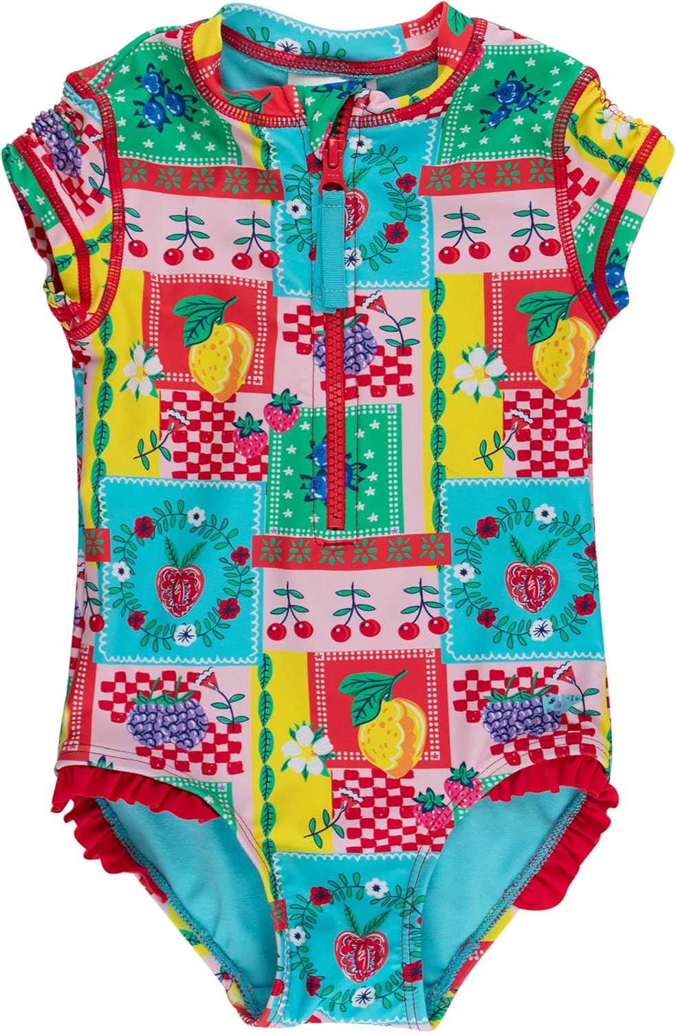 RuffleButts Girls UPF50+ Sun Protection Front Zipper Short Sleeve Rash Guard One Piece Swimsuit
