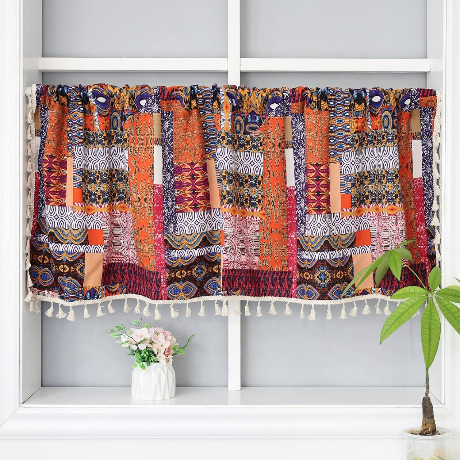 SFJCA Bohemian Kitchen Curtain with Tassels, Macrame
