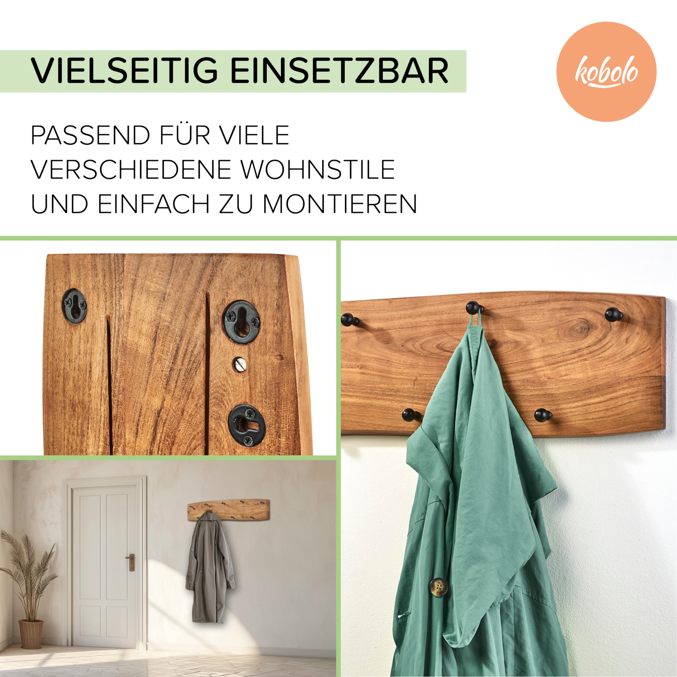 Kobolo Garderobe Wandgarderobe aus Akazienholz mit 4 Haken