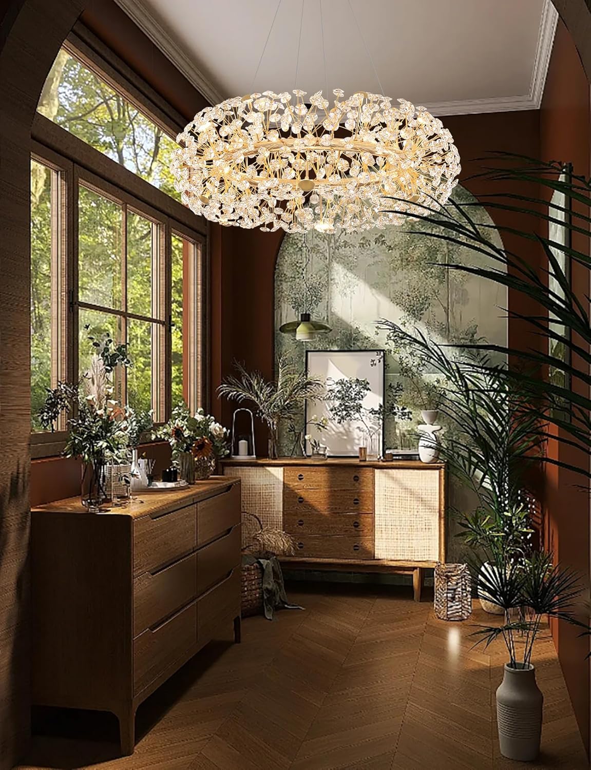 Gold Sputnik Chandelier, 12-Light Mid-Century Modern Chandelier Light Fixture for Foyer, Dining Room, Firework Chandelier for Bedroom, Hallway, Entryway 32 inch Dimmable 2700K-6000K