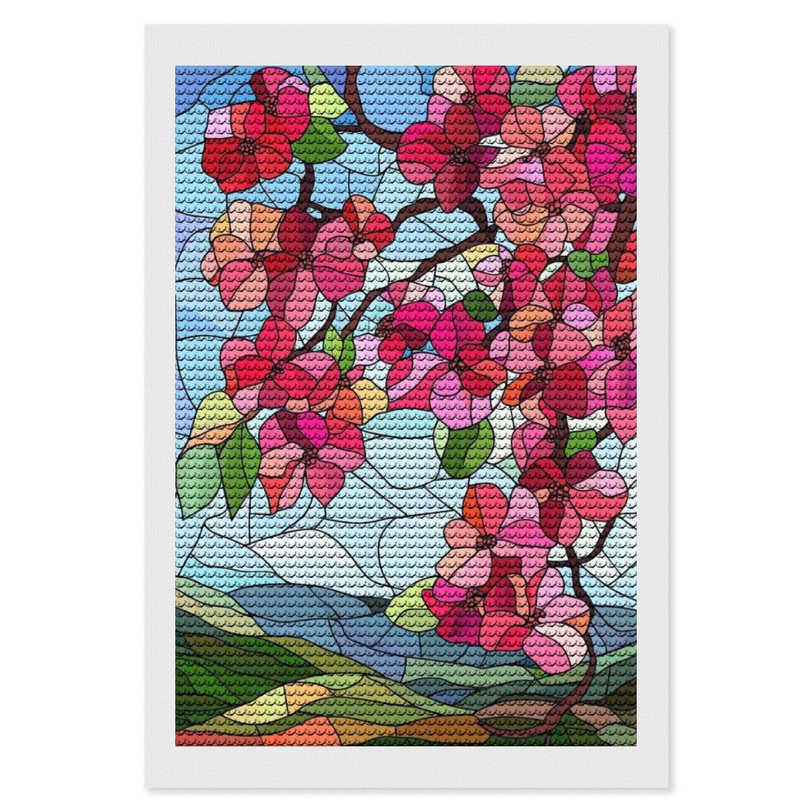 Junmoney Stained Glass Spring Blossoms Diamond Painting Kit 8"x12", Easy Handmade Project, Cosy Home Accent, for Craft Lovers, Holiday Gift Idea