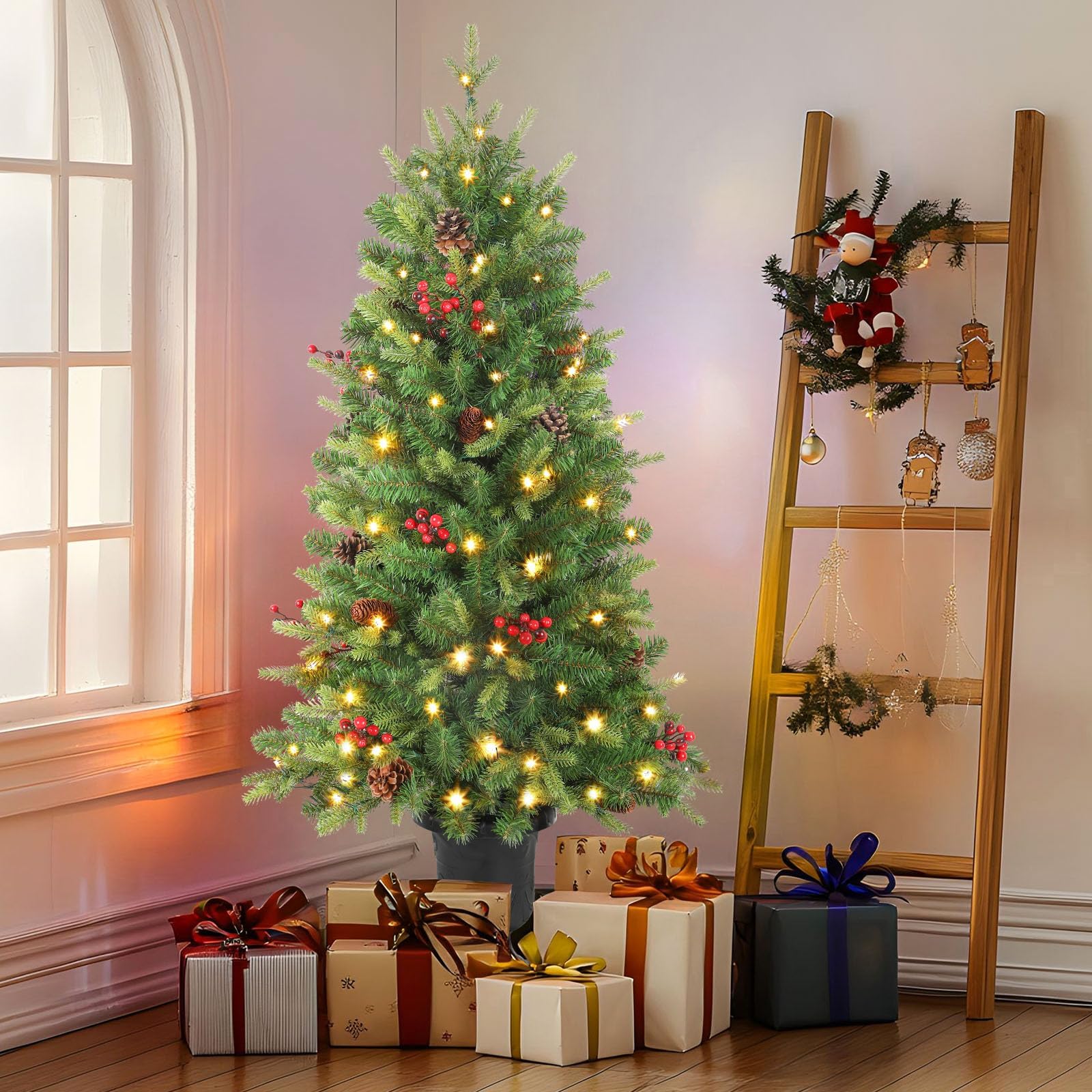 Alupssuc 4FT Pre-Lit Artificial Mini Porch Christmas Tree, Branches PE+PVC with Vase, Colourful LED Lights, 8 Light Modes, Perfect for Christmas Decoration, Home, Kitchen, Dining Room - Green
