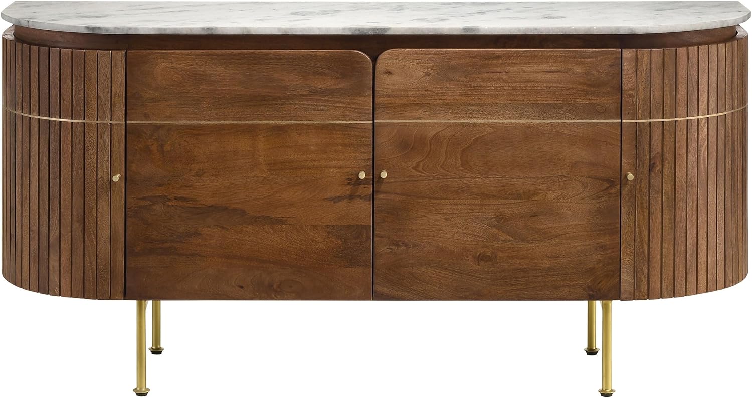 Coaster Home Furnishings - Ortega - 4-Doors Solid Mango Wood Sideboard Buffet Cabinet - Scandinavian Fluted Design with White Marble Top - Dining Room & Kitchen - 63-Inch - Natural Brown - 105145