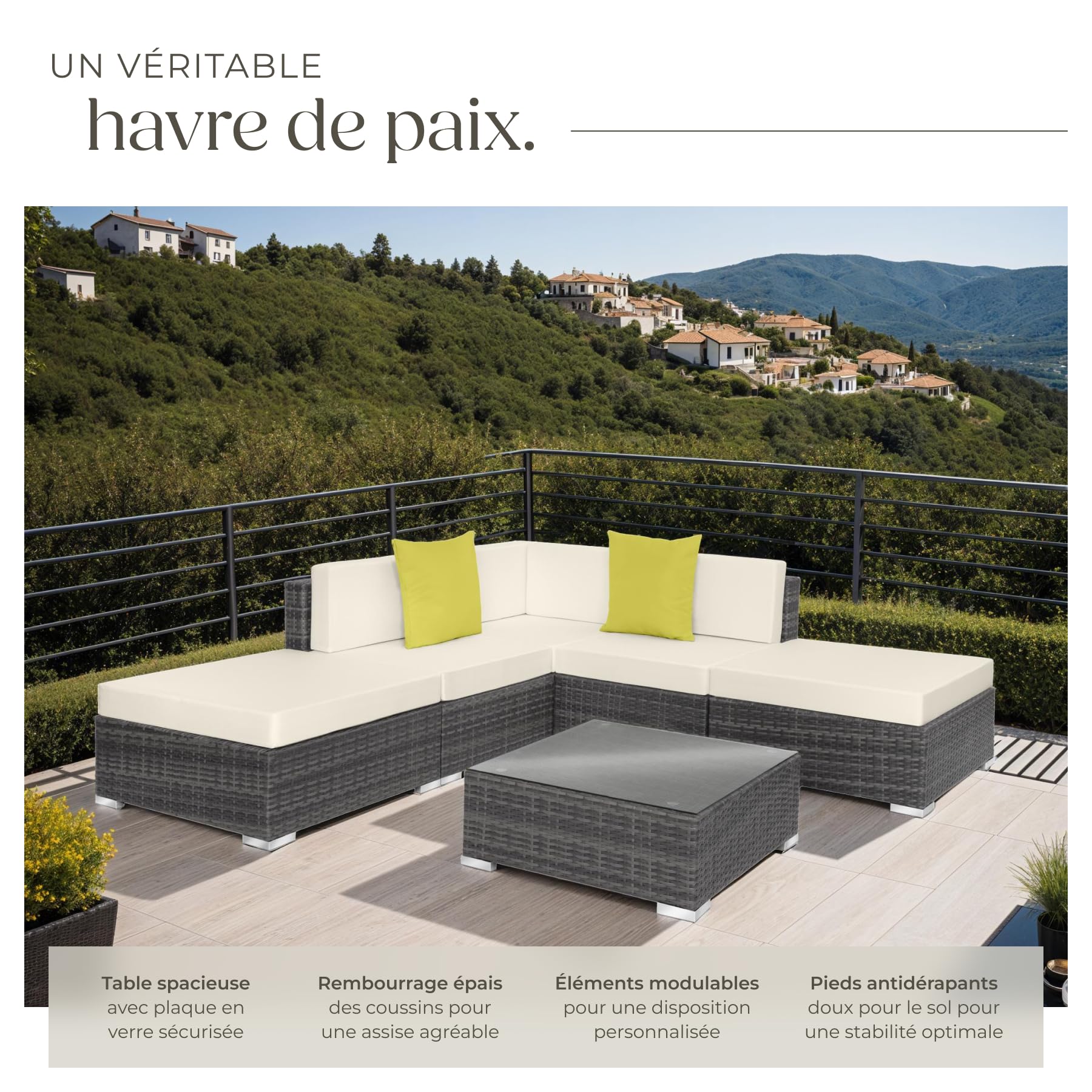 tectake® Ensemble Salon de Jardin Exterieur XXL en Poly Rotin Modulable Canapé 5 Places 3 Fauteuil Salon 2 Tabouret Pouf et 1 Table de Jardin, Mobilier de Jardin pour Amenagement Balcon Terrasse