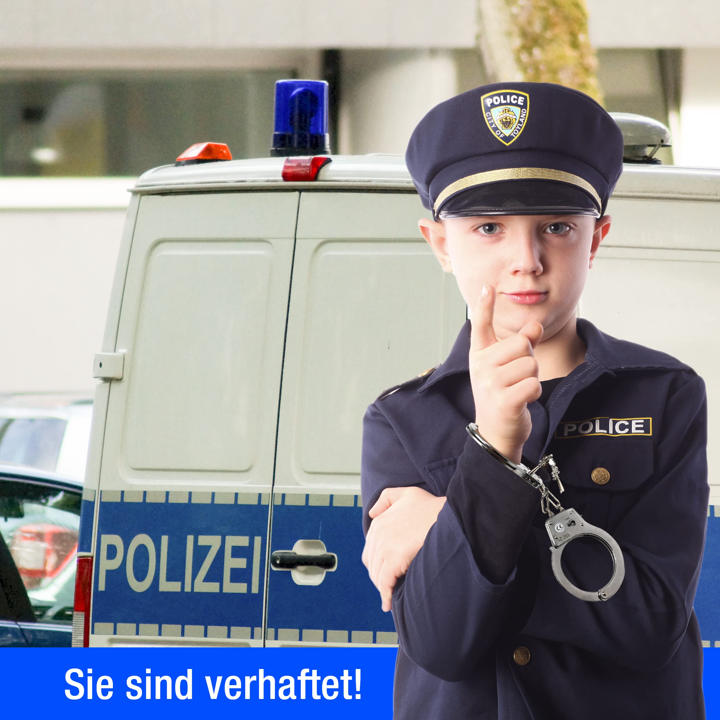 Polizei Handschellen Kinder aus Metall - Ausrüstung für das Polizei Kostüm Kinder | Mit Schlüssel & Sticker | Stabile Handcuffs auch für Erwachsene. Polizeikostüm Jungen Karneval