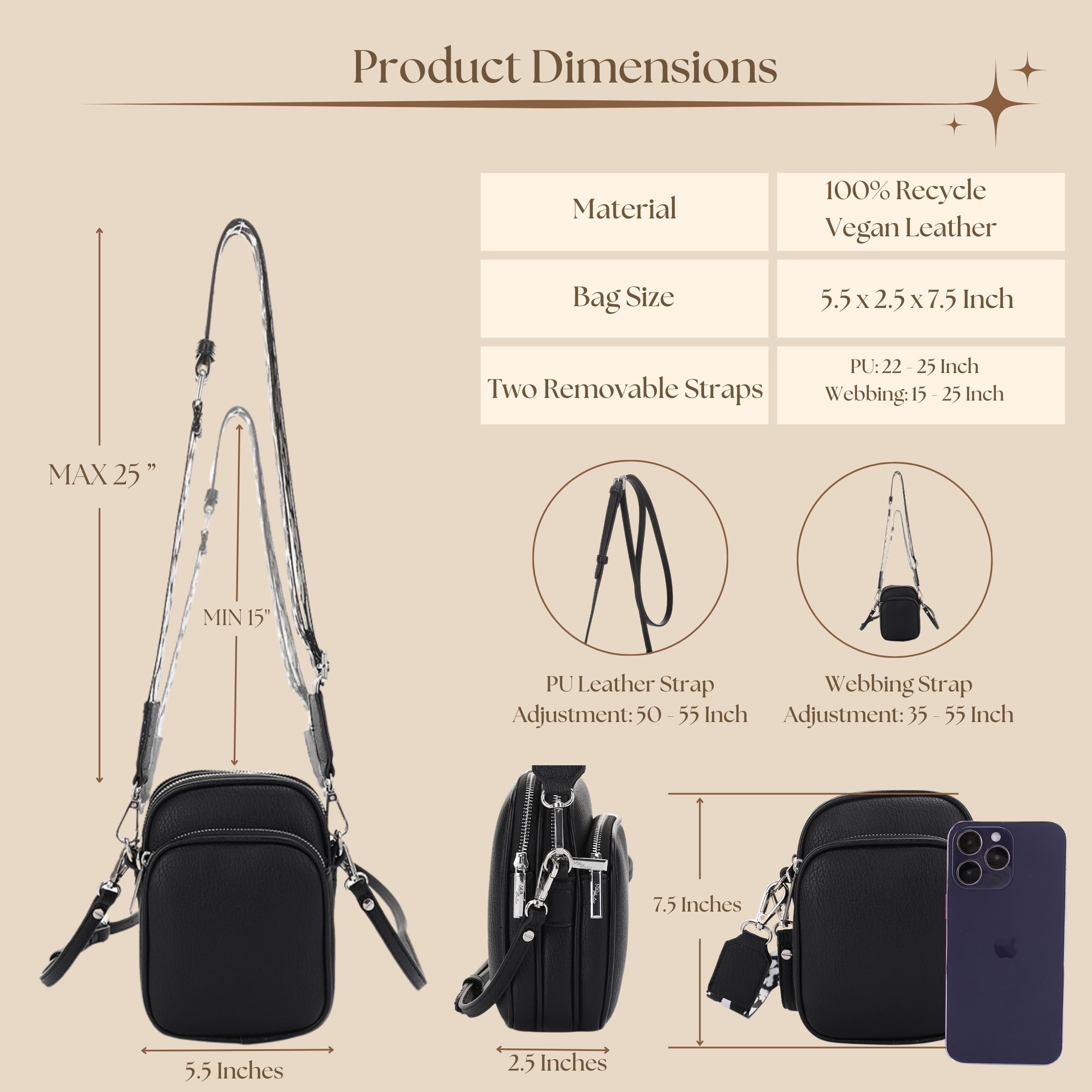 Mali+Lili Small Crossbody Bag for Women, Triple Compartment Shoulder Bag with Double Strap
