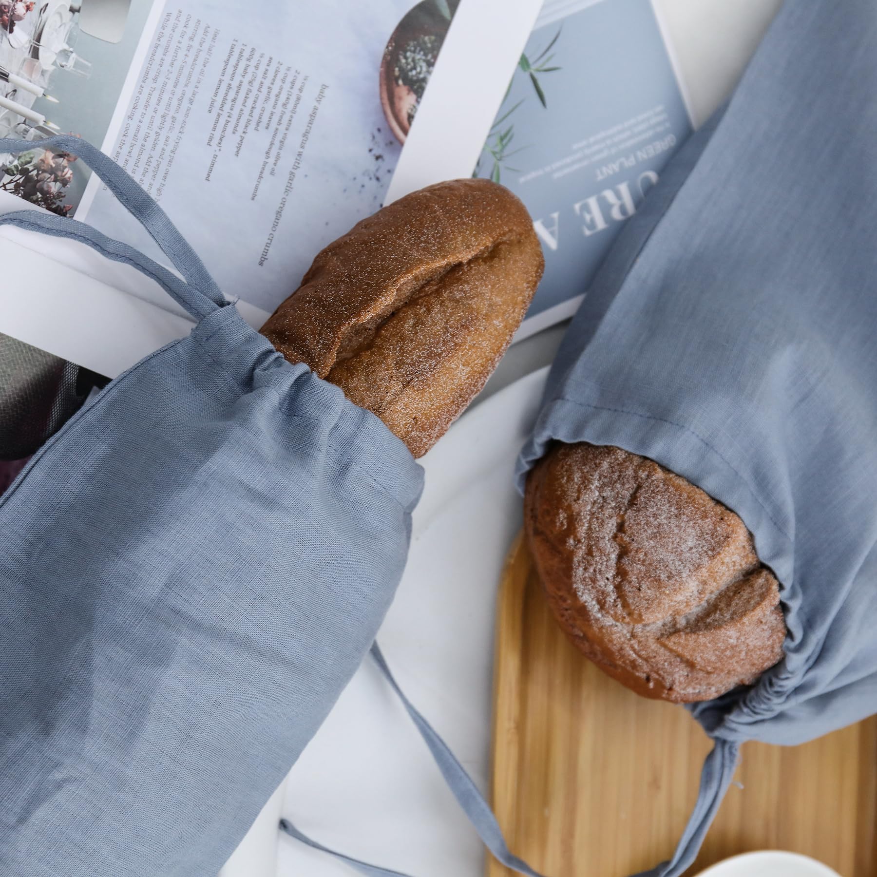 Pure Linen - Juego de 2 bolsas de pan reutilizables con cordón, almacenamiento de pan de baguette de masa madre, mezclilla 2