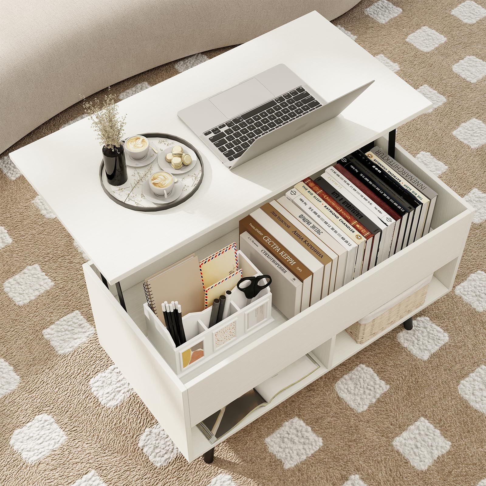 GIANTEX Mesa de Centro Elevable y Extensible, Mesa de Café de Madera con Espacio de Almacenamiento Oculto y 2 Estantes Abiertos, Mesa Auxiliar Rectangular para Salón, Oficina (Blanco)