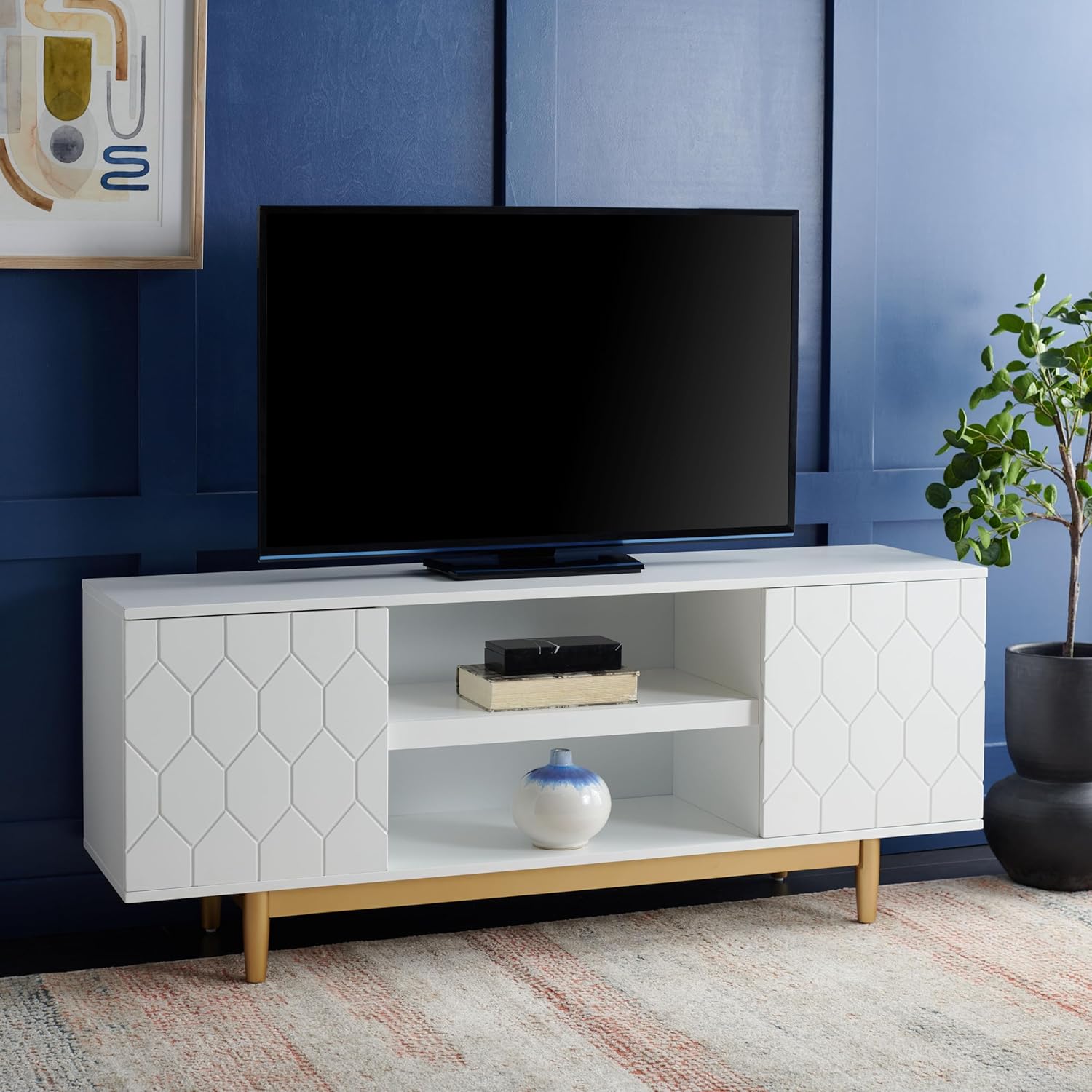 SAFAVIEH Kit TV Stand for up to 60" Flatscreen – White & Gold, 2 Doors with Interior Storage, 2 Open Shelves, Entertainment Media Console (MED5013A)