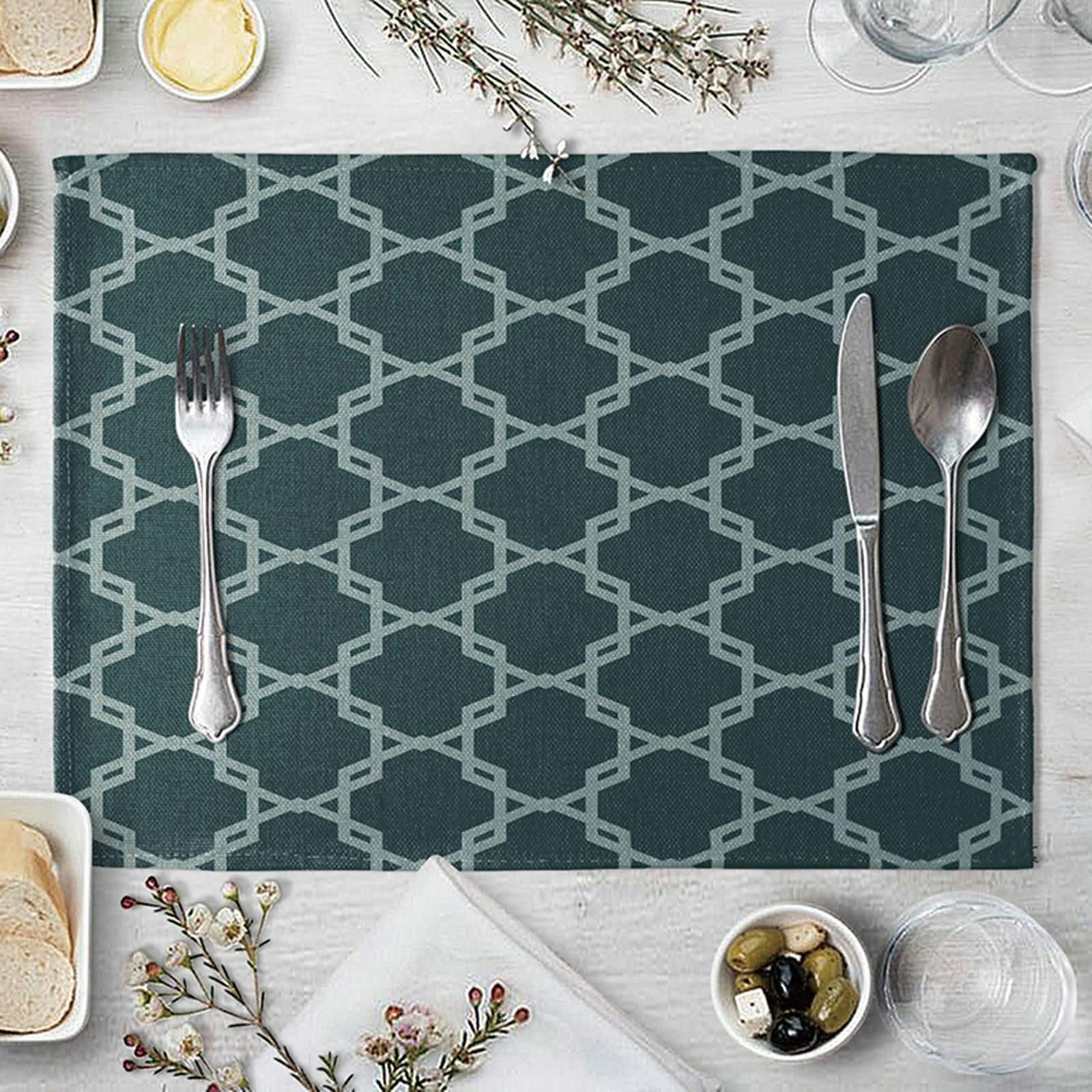 Homxi Placemat Set for 4,40 x 30CM / 15.7" x 11.8",Linen Cotton Washable Placemats Geometric Polygon Pattern Modern Placemats Green