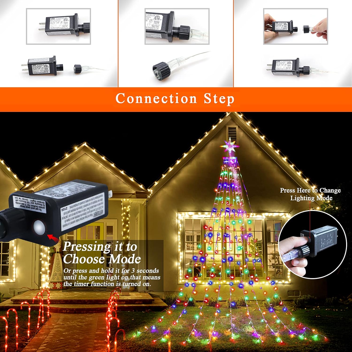 (New) Christmas Decoration Lights, 320 LED Christmas Tree Lights [8 Modes & Waterproof], with 11" Lighted Dipper Star Ornament, Outdoor String Lights, for Christmas New Year Holiday (Multicolored)