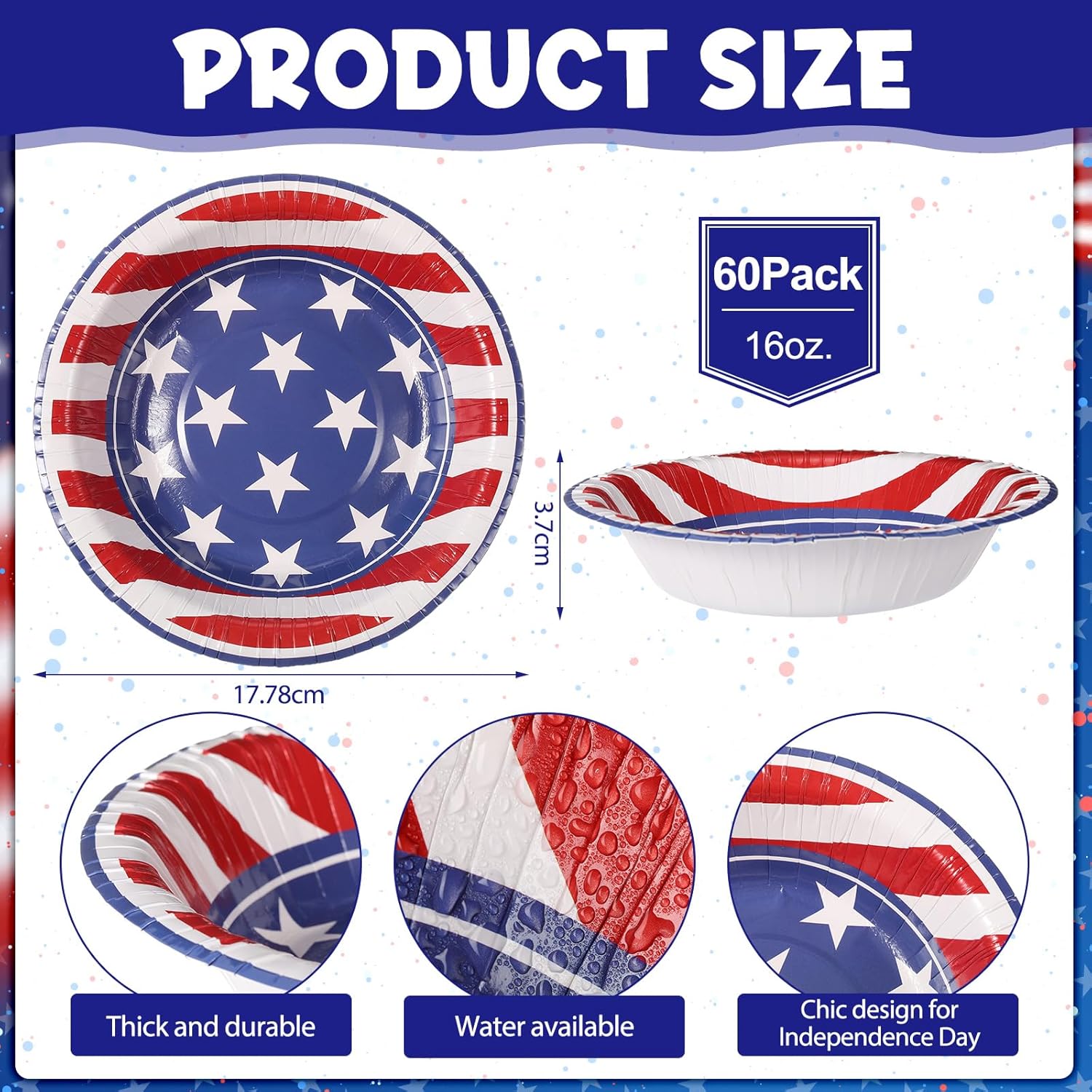 60 Pcs Patriotic Star Bowls 12 oz 4th of July American Flag Paper Bowls Red White and Blue USA Star Disposable Tablewares for Independence Day Memorial 250 Years Anniversary Party Supplies