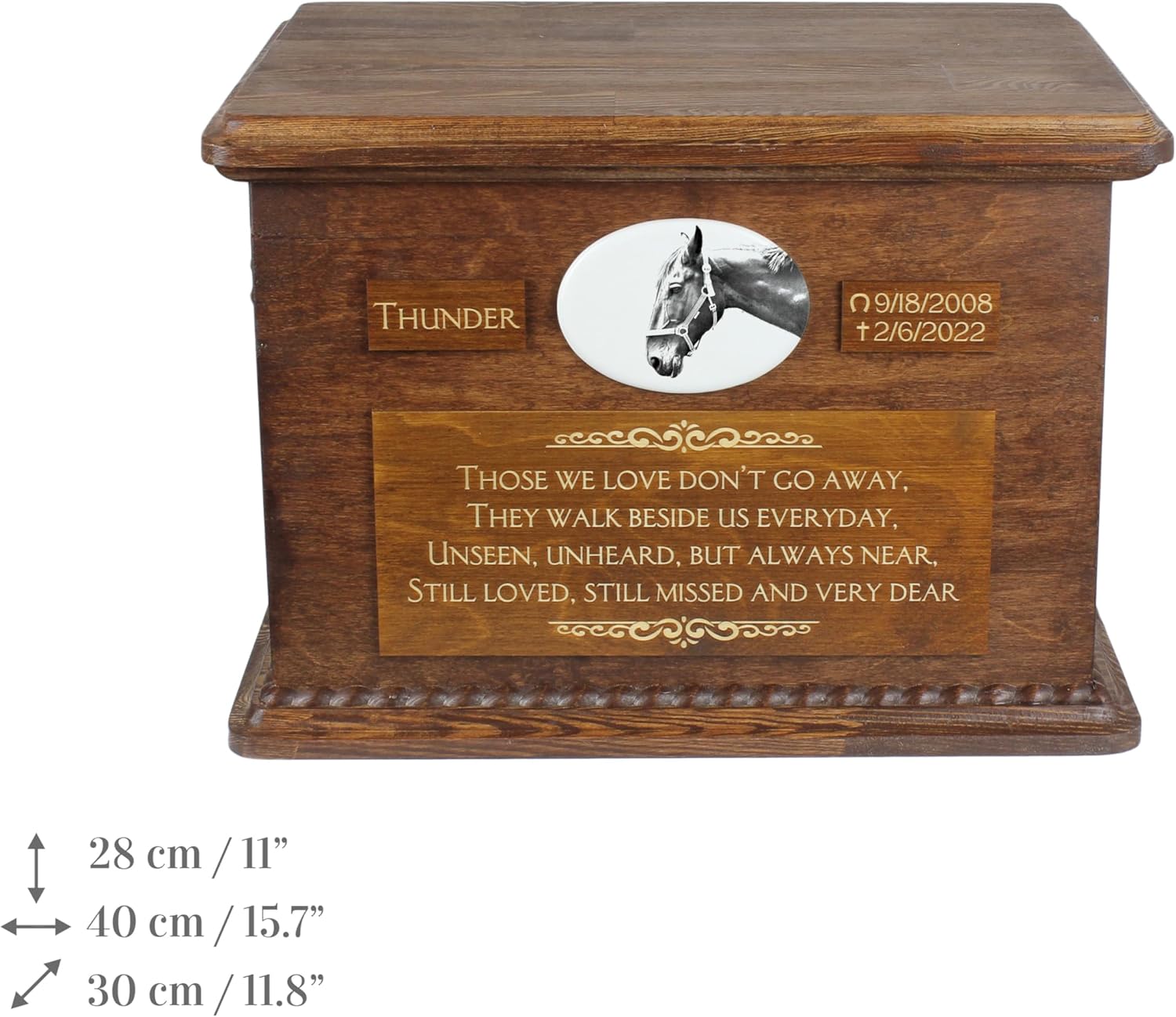 Art-Dog Big Urn for Horse Ashes - Handmade Memorial with Photo - Personalized Custom Horse Urn with Brass Handles and Ceramic Plaque - 15.7x11.8x11” – Hanoverian