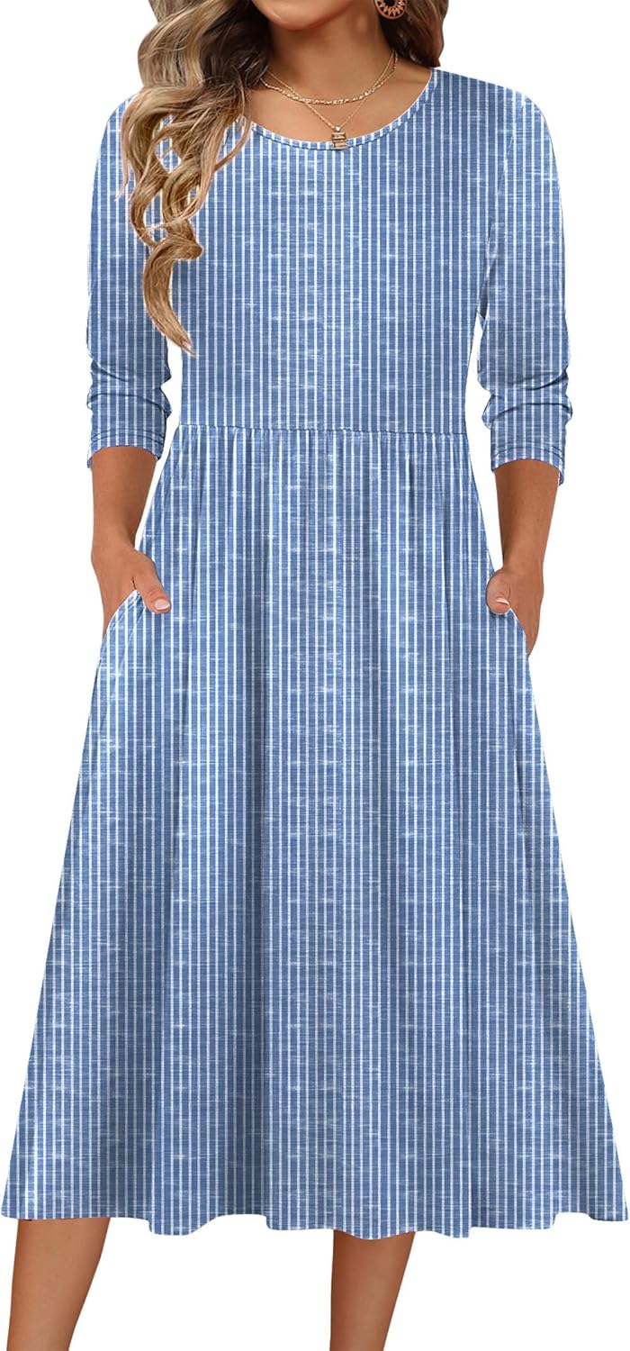 Zeagoo 3/4 Sleeve Women's Dress Casual Flowy A-Line Midi Tshirt Dresses with Pockets Crewneck Vocation Boho Beach Sundress