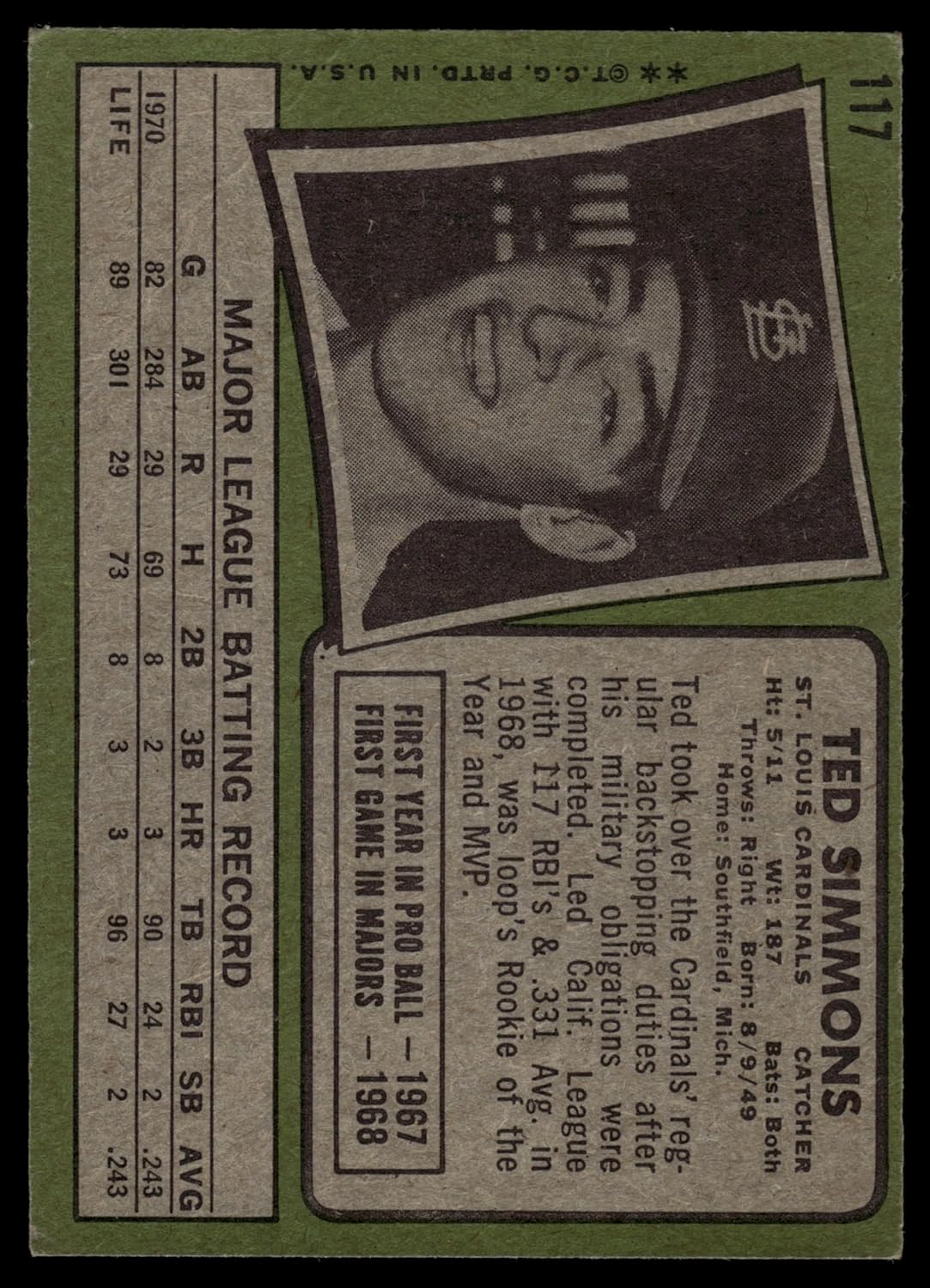1971 Topps #117 Ted Simmons St. Louis Cardinals (Baseball Card) VG Cardinals