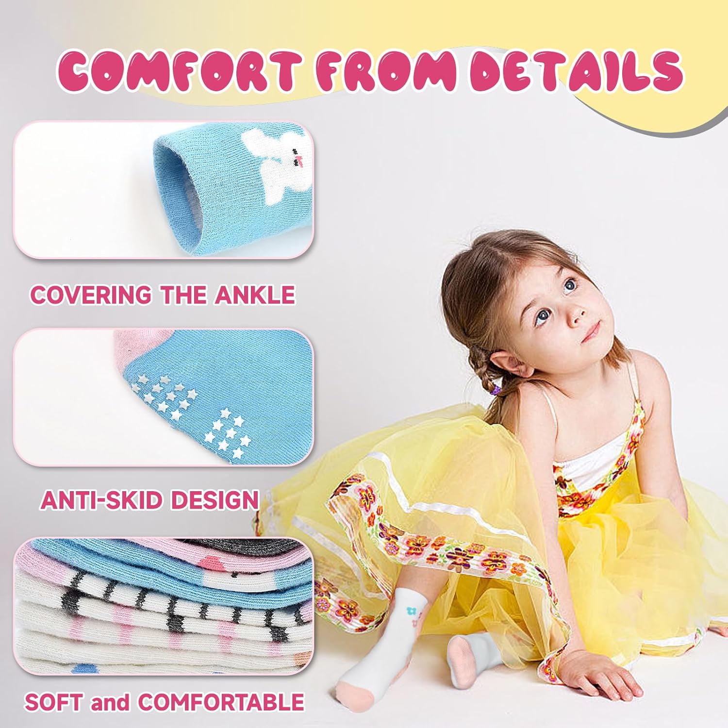 HYCLES Toddler Girl Socks, Non-Slip Cartoon Crew Socks with Grips for 6-12 Month Baby 1-7 Years Kids - Image 5