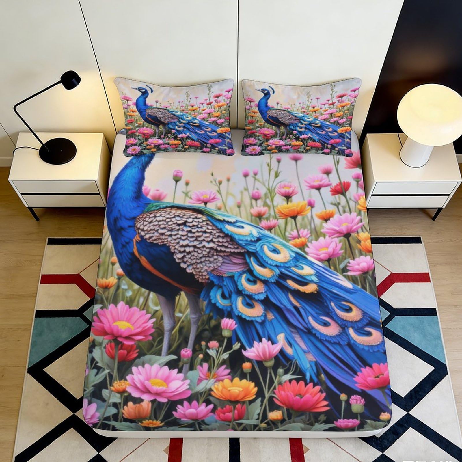 3D Printed Peacock Floral Fitted Sheet Microfiber Deep Pocket Elastic Hem Peacock Mattress Fitted Cover for Bedroom Home 140x200x25cm