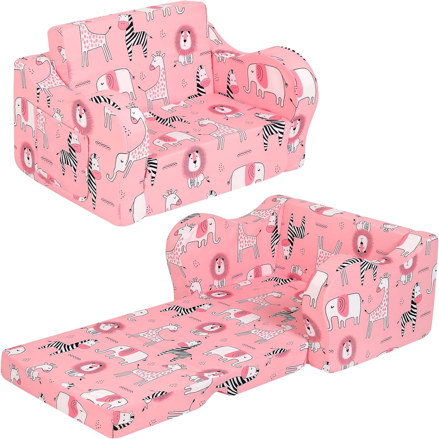 Pink Kids Sofa, 2-in-1 Kids Couch Fold Out, Convertible Sofa to Bed for Girls and Boys