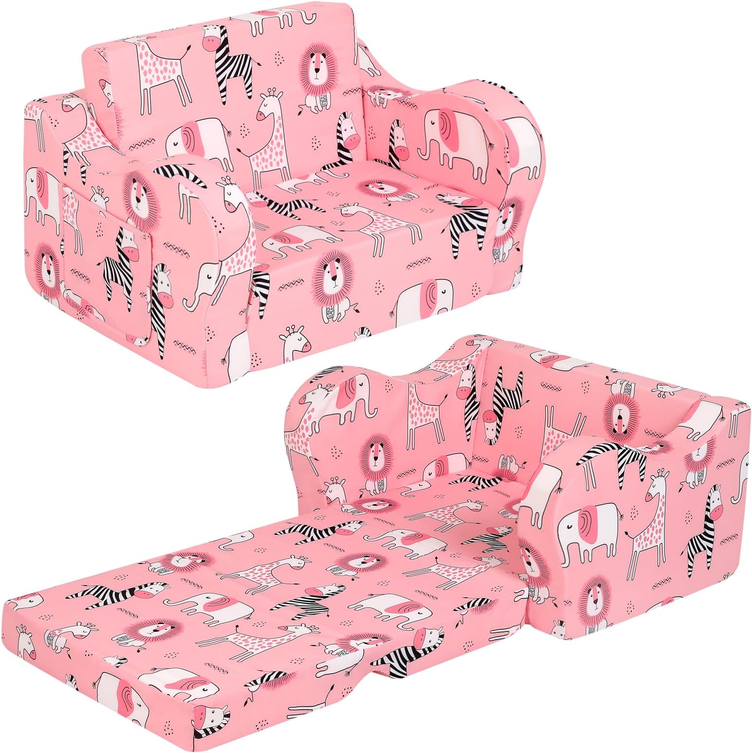 MOMCAYWEX Pink Kids Sofa, 2-in-1 Kids Couch Fold Out, Convertible Sofa to Bed for Girls and Boys
