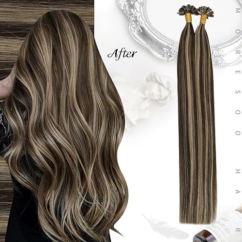 Miniatura 6 de Moresoo Extensiones de cabello humano con punta en U de 24 pulgadas, extensiones de cabello humano con queratina, color marrón oscuro con rubio