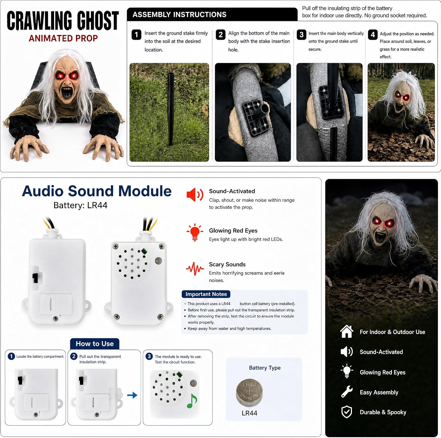 Hourleey Halloween Decorations Outdoor, Sound Activated Climbing Zombie Groundbreaker with Lighted Eyes and Scary Sound, Animated Halloween Decor for Yard Lawn Graveyard Haunted House Prop