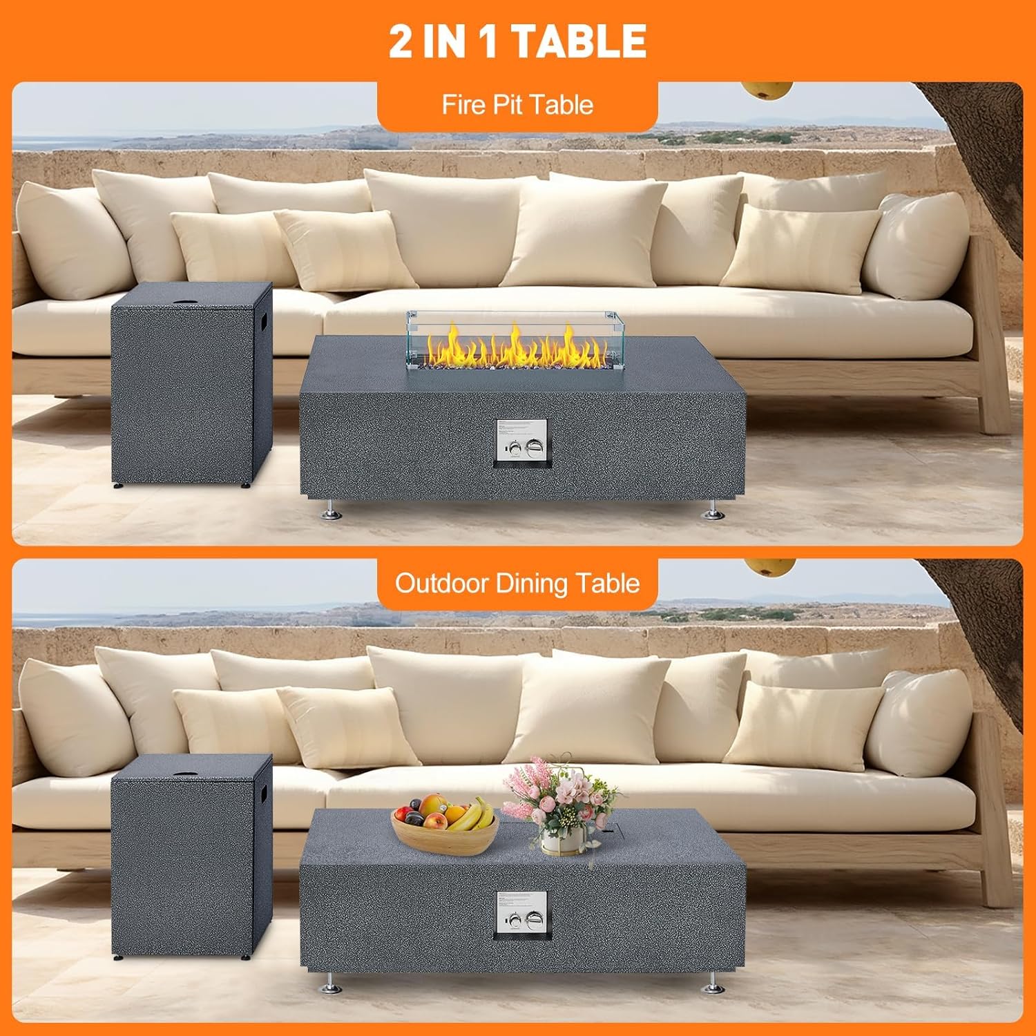 GarveeLife 48 in Outdoor Fire Table, 48 in Rectangle Propane Gas Fire Pit Table, 50,000 BTU Modern Firepit with 16 in Tank Cover Side Table, Wind Guard, Fire Glass, Rain Cover