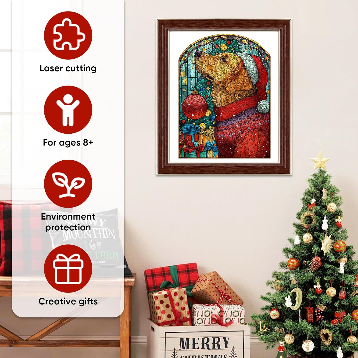 MEATRN Christmas Jigsaw Puzzles for Adults - Dog with Santa Hat 498 Pcs Unique Shaped Holiday Wood Puzzle with Wooden Storage Box, Festive Family Game Night for Art Lovers 13.5x18.3 Inch