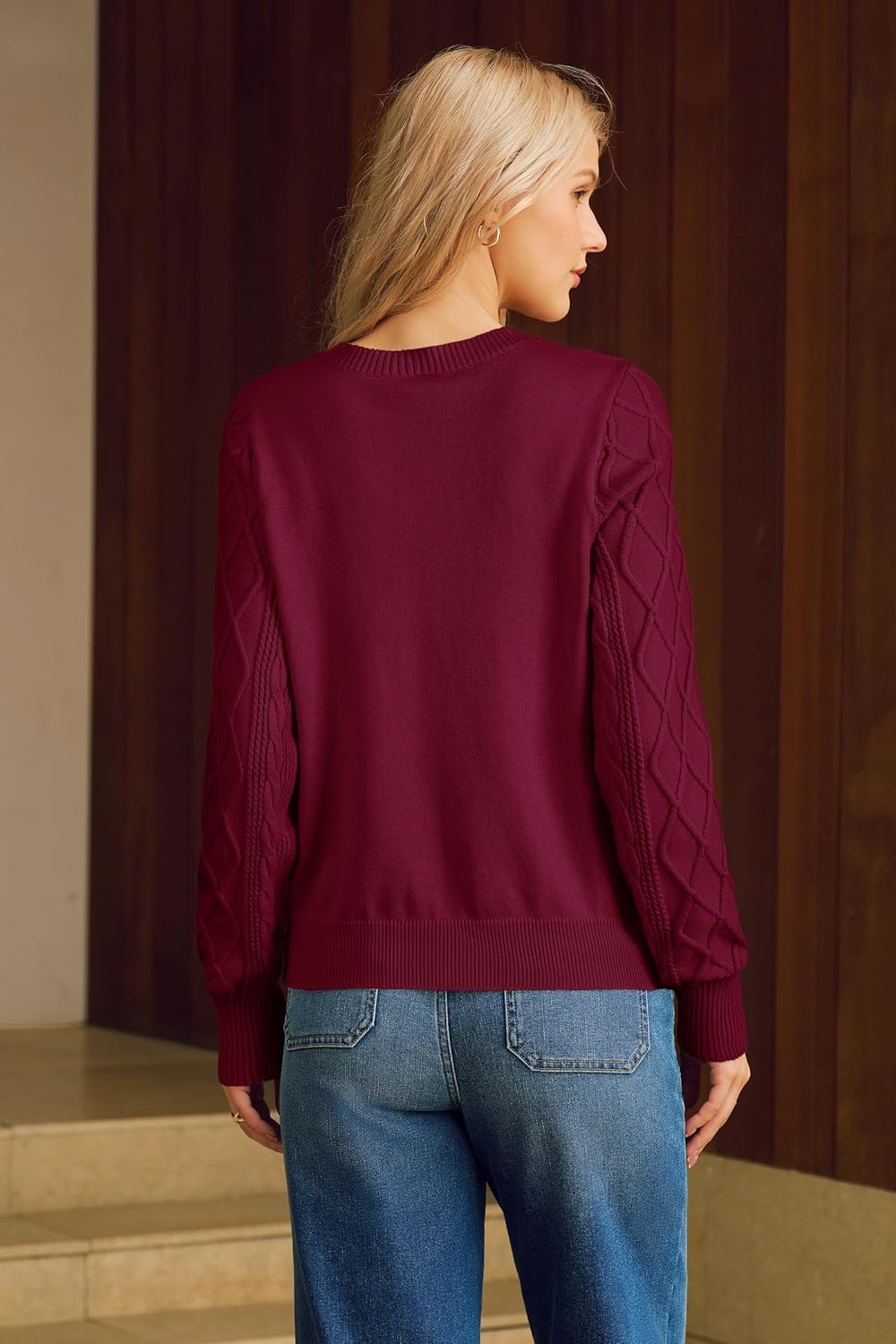 Arach&Cloz Sweaters for Women Button Cable Knit Pullover Sweater Crew Neck Long Sleeve Casual Outfits Dark Red 2025 S - Image 4