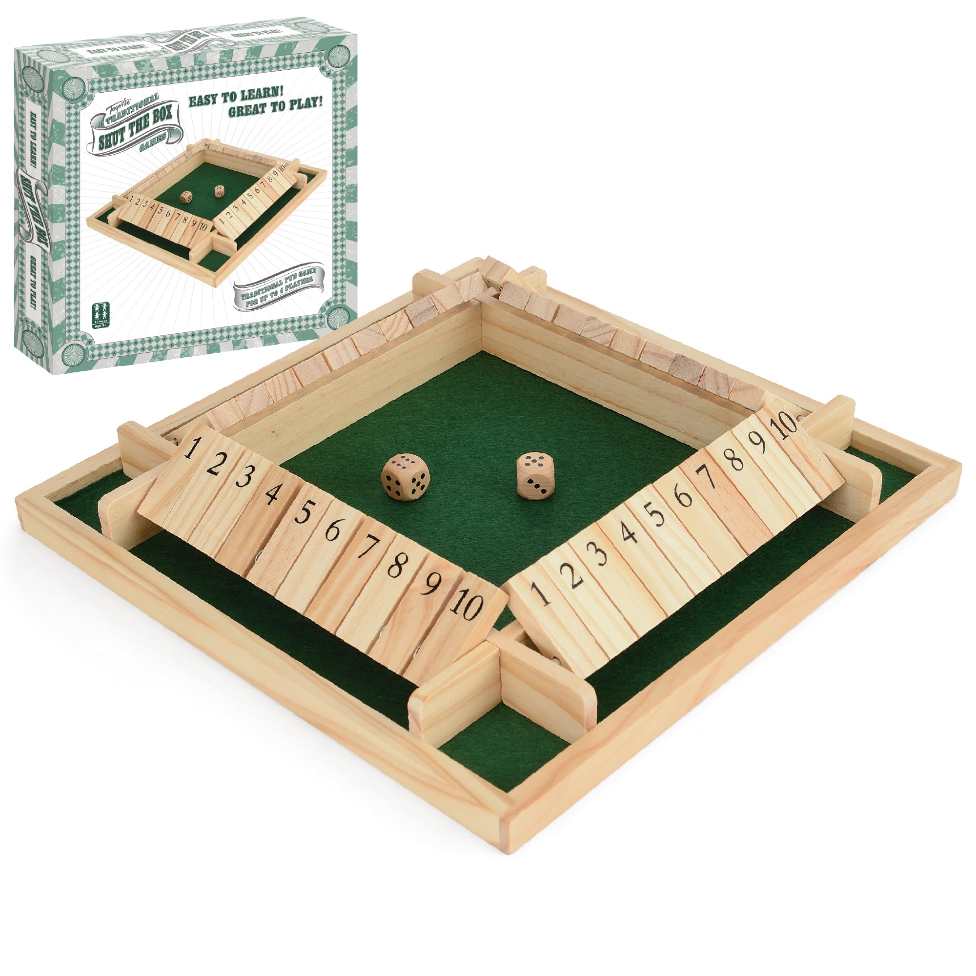 Toyrific 4 Player Shut The Box Game, Wooden Table Dice Classic Kids Family Travel Game