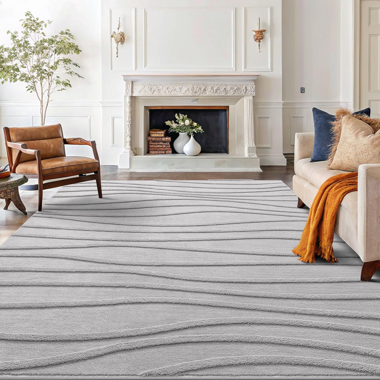 Homaxy Tapis Salon 160x220cm, Lavable, Peluche Ondulée, Antidérapant, Gris