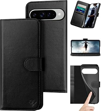 DuckSky Compatible with Google Pixel 10/10 Pro 6.3" Genuine Leather Wallet caseRFID Blocking4 Credit Card HolderReal Leather Flip Folio Book Phone case Cover Women Men for Pixel 10 case Black