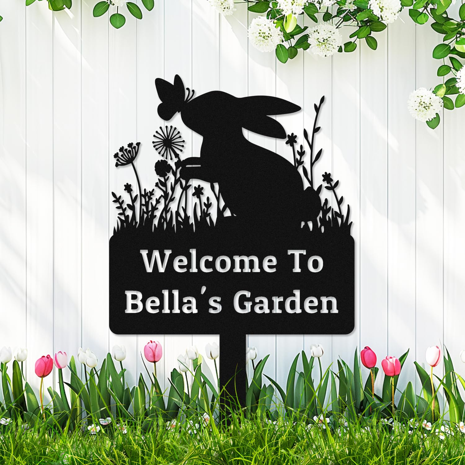 Adthyuxq Rabbit3 Personalized Butterfly Rabbit Yard Sign Bunny Statue Garden Plaque, Custom Flowers Rabbit Outdoor Decor Sign With Stake, Customized Bunny Welcome Garden Stake Lawn Art