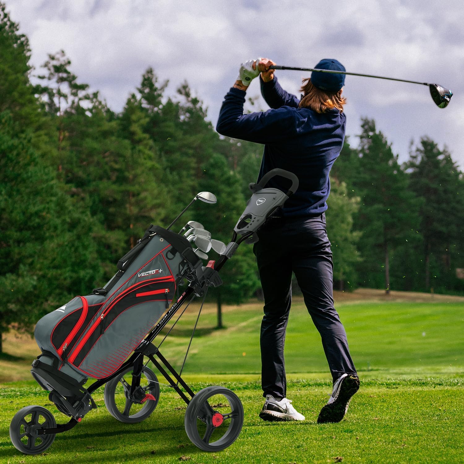 XDriveMax GC27 - Carrello da golf a 3 ruote, pieghevole, leggero, per mazze da golf e sacca da golf, con portabicchieri, porta segnapunti, scomparto portaoggetti (nero)