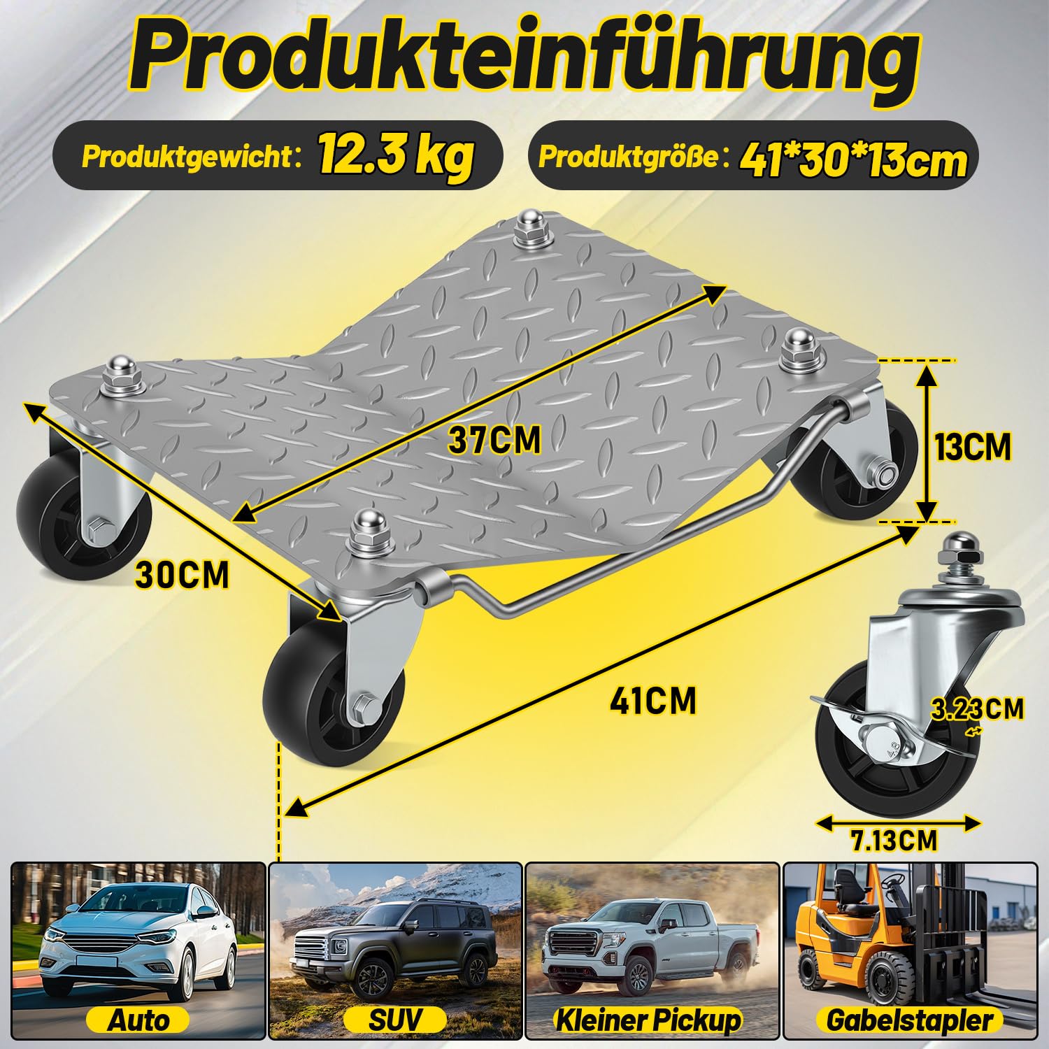 4 ayudas de maniobra para automóviles, 500 kg por plataforma, superficie de acero antideslizante, ruedas giratorias de 360° con frenos, gato hidráulico para coches, camiones, plataformas de
