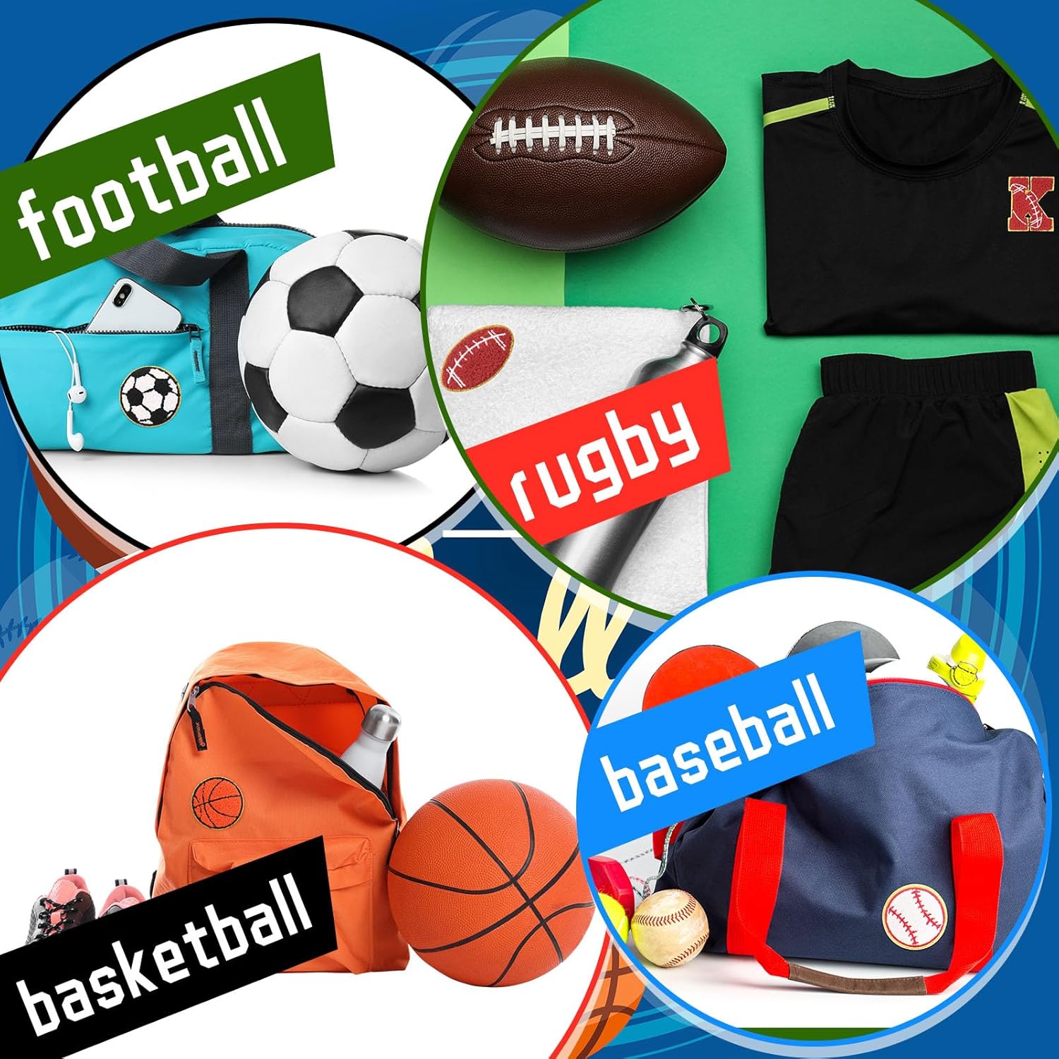 Zhanmai 108 Pcs Sports Iron on Patches, Baseball Iron on Patches, Embroidered Applique Sew for Hat Letter DIY Crafts Repair Cloth Bag Backpack Pant Jean(Basketball, Soccer, Baseball, Football Style)