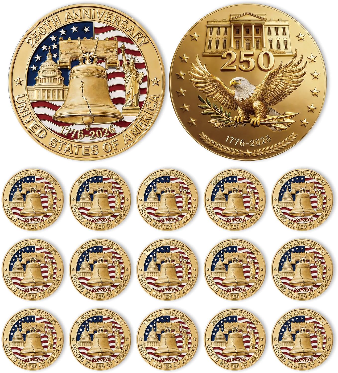 15Pcs 250th Anniversary Commemorative Coins Double-Sided American Challenge Coins 1776-2026 Military Collectible Coin USA 250th Merchandise for Independence Day Patriotic Veteran Collectors Gifts