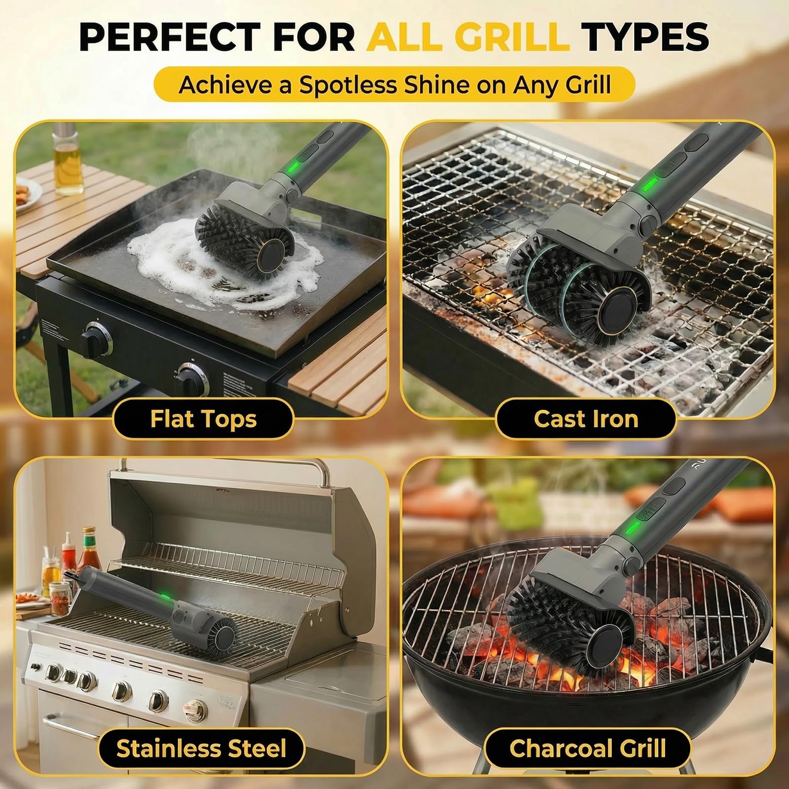 Cepillo eléctrico para parrilla, limpiador de parrilla recargable inalámbrico, cepillo de limpieza de barbacoa de 58 W con batería de 5200 mAh, 150 minutos de tiempo de funcionamiento, 3 velocidades